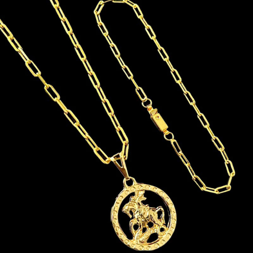 Kit Conjunto Banhado Cartier 3mm 60cm Ouro 18k Corrente Pingente São Jorge + Pulseira