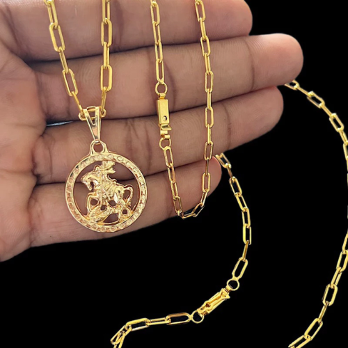 Kit Conjunto Banhado Cartier 3mm 60cm Ouro 18k Corrente Pingente São Jorge + Pulseira