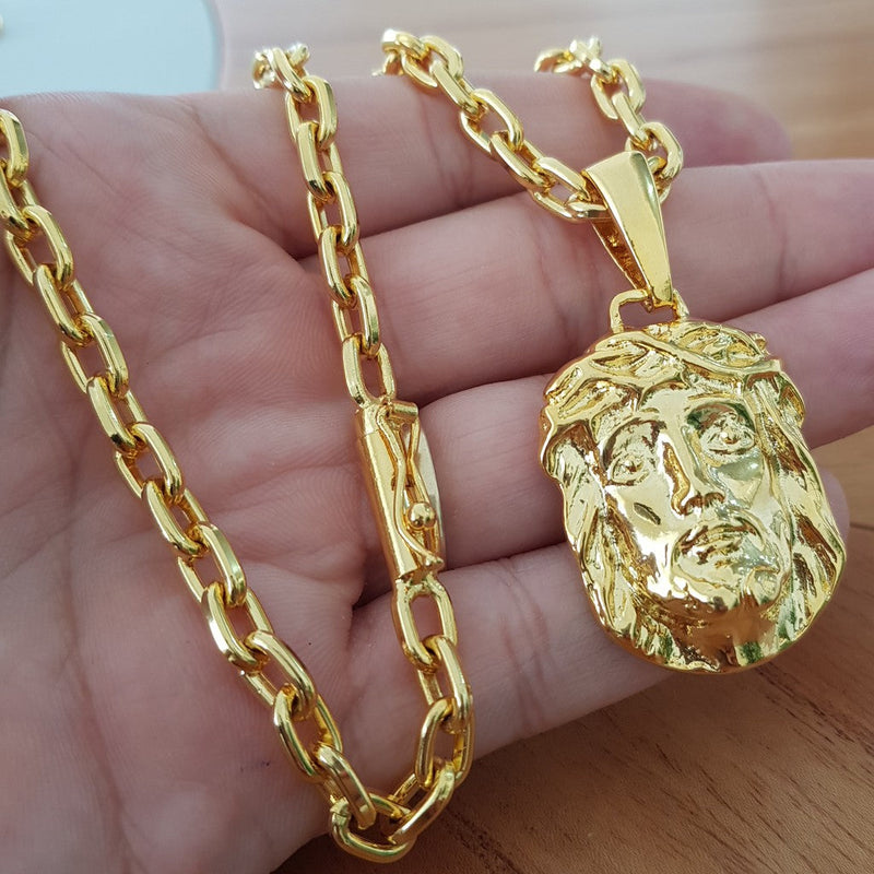 Corrente Banhado 18k Cadeado 6mm-60cm Fecho Canhão + Pingente 18k