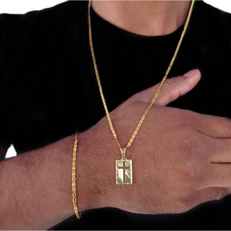 Kit Banhado Ouro 18k Piastrini Corrente 2mm-60cm + Pulseira 2mm-18cm + Pingente Cruz
