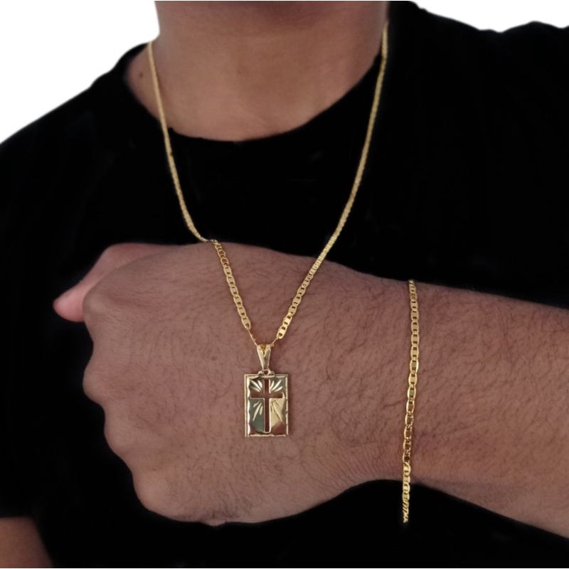 Kit Banhado Ouro 18k Piastrini Corrente 2mm-60cm + Pulseira 2mm-18cm + Pingente Cruz